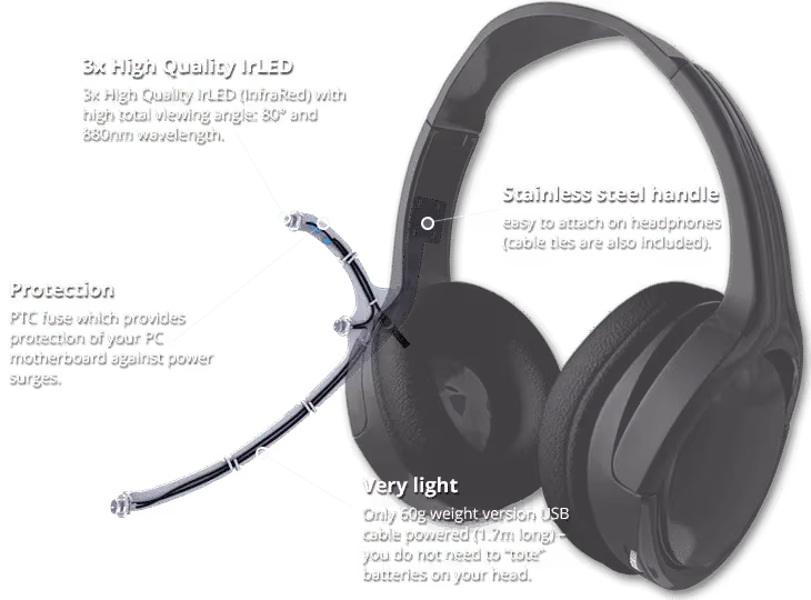 Delanclip Starter head tracking clip mounted on gaming headphones showing infrared tracking points.