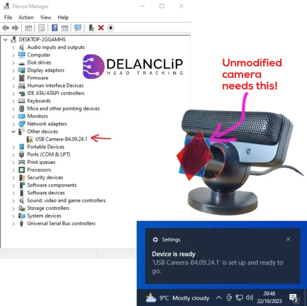 Windows Device Manager listing the PS3 Eye camera as USB Camera-B4.09.24.1 with the device ready notification