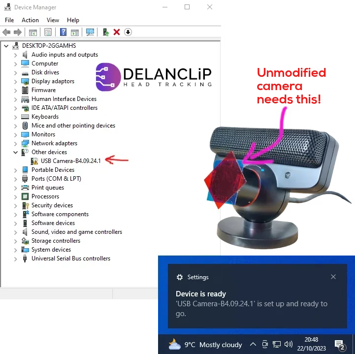 Windows Device Manager listing the PS3 Eye camera as USB Camera-B4.09.24.1 with the device ready notification