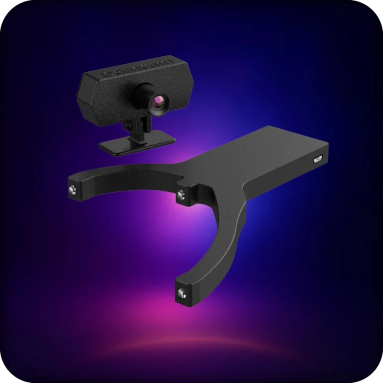 Delanclip Fusion Pro bundle with the DelanCam1 IR camera on a stand next to the wireless Fusion Pro head clip
