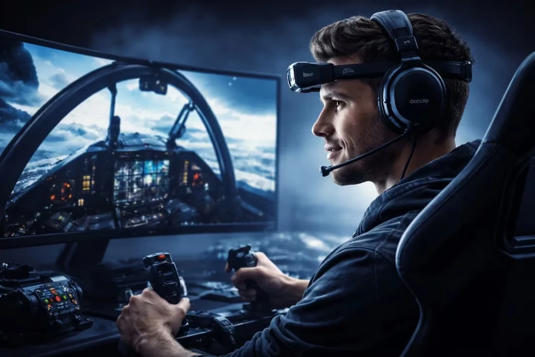 Professional gamer using Delanclip IR head tracker in flight simulator cockpit – best TrackIR alternative for smooth and precise head tracking