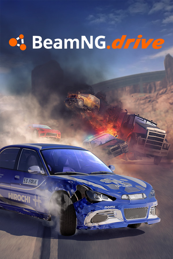 a blue car with a wrecked car in front of a burning truck