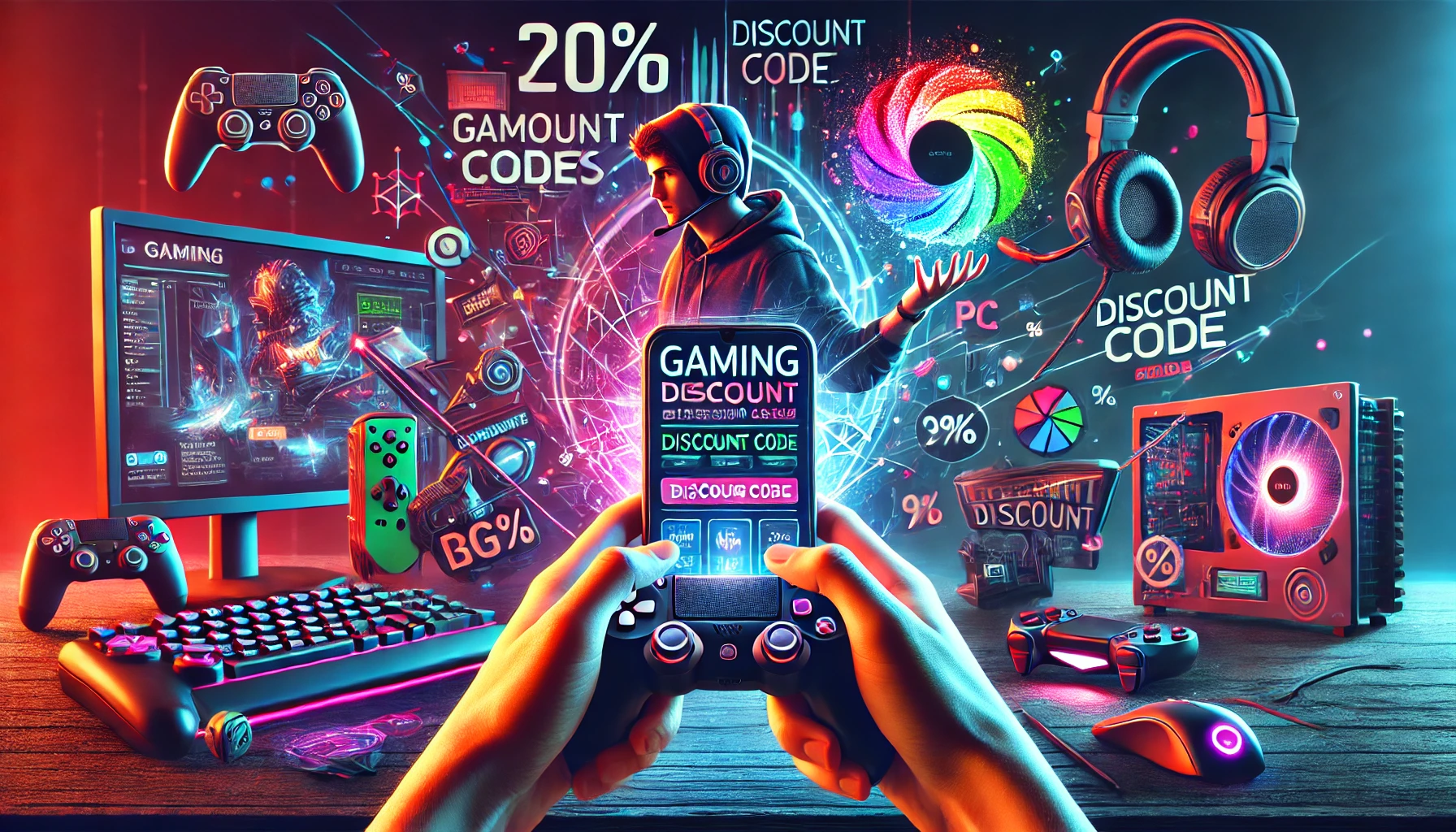 a video game advertisement with a game controller and a man in a suit