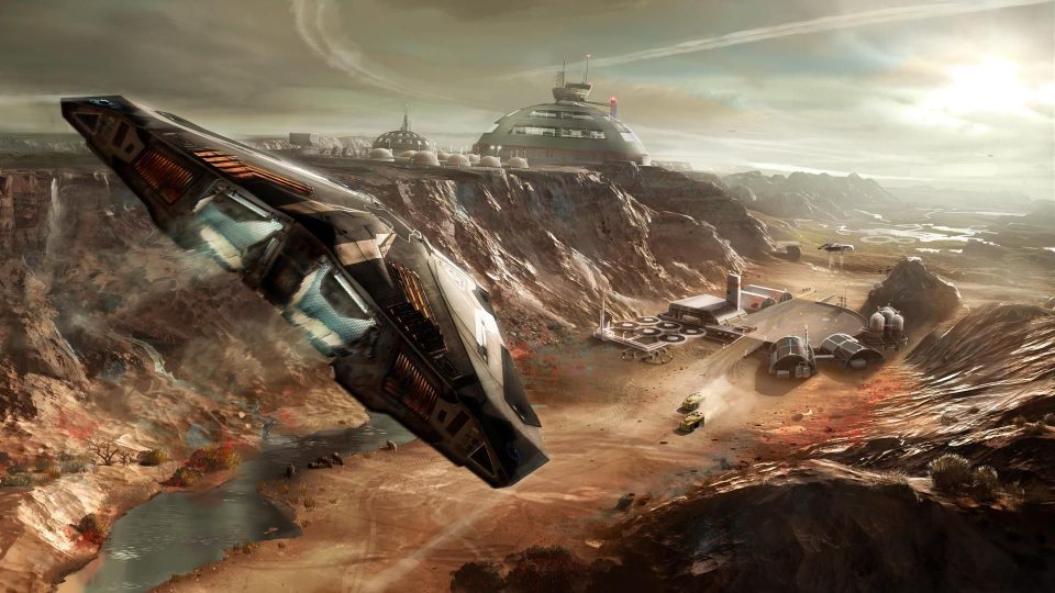 a video game scene of a space ship flying over a desert landscape